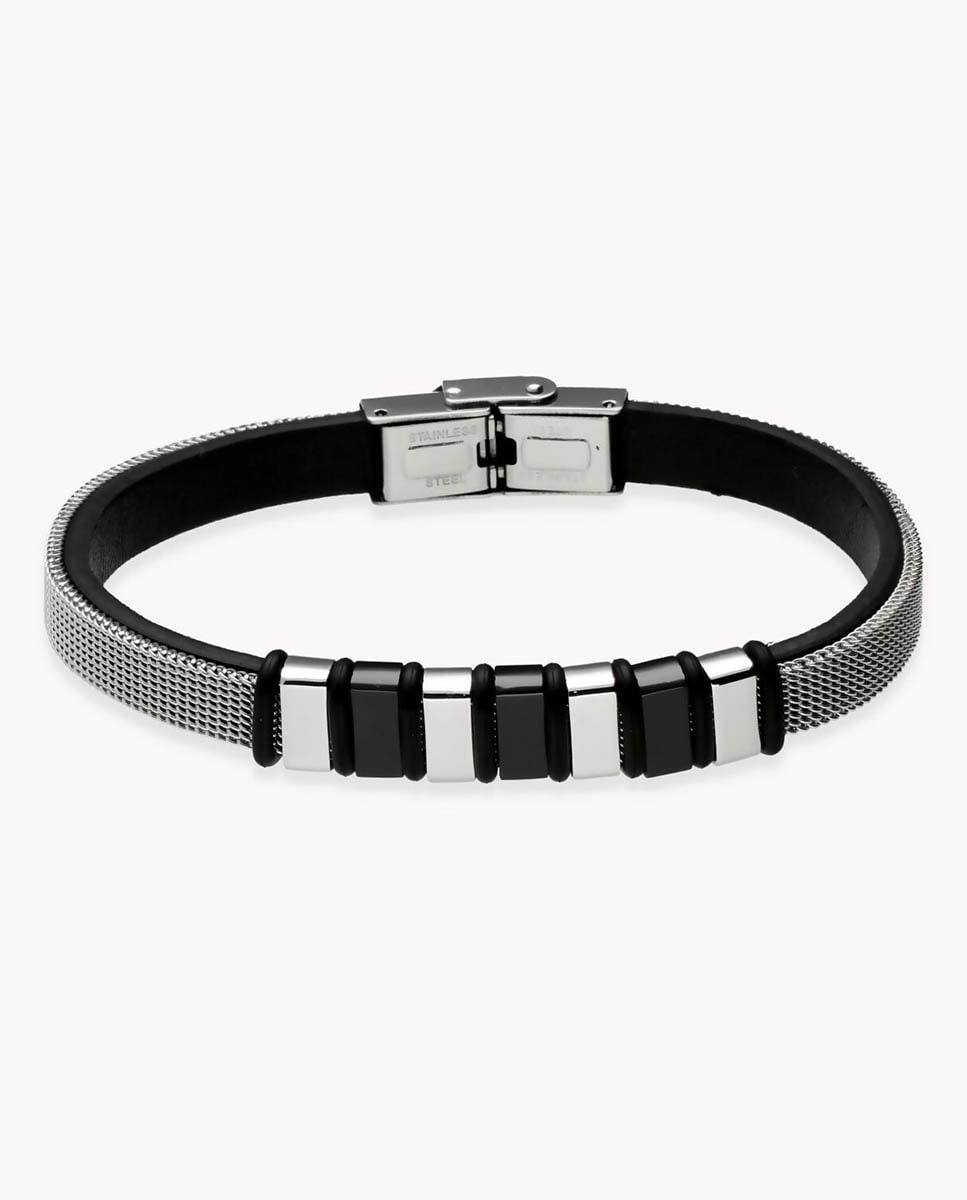 Pulsera de hombre de acero inoxidable y cuero negro Negro-1