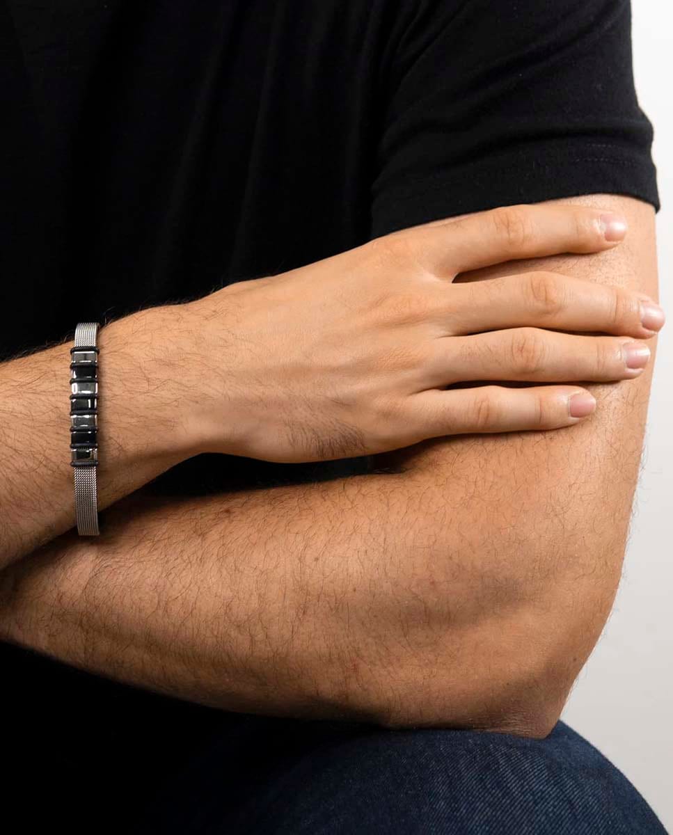 Pulsera de hombre de acero inoxidable y cuero negro Negro-2