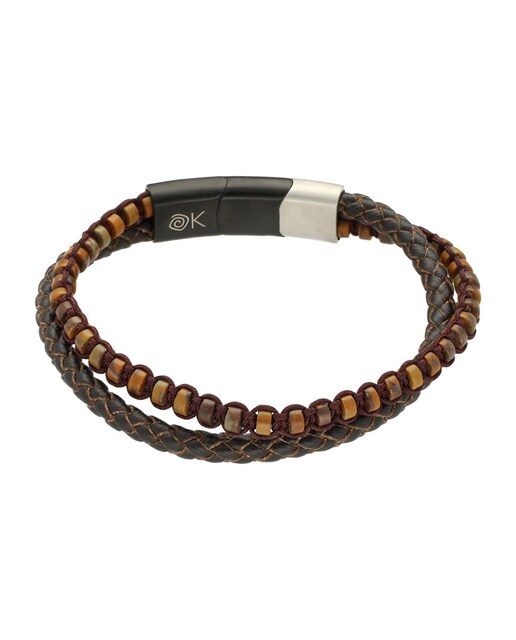Imagen 0 de Pulsera de hombre de acero inoxidable con cuero marrón y piedras naturales