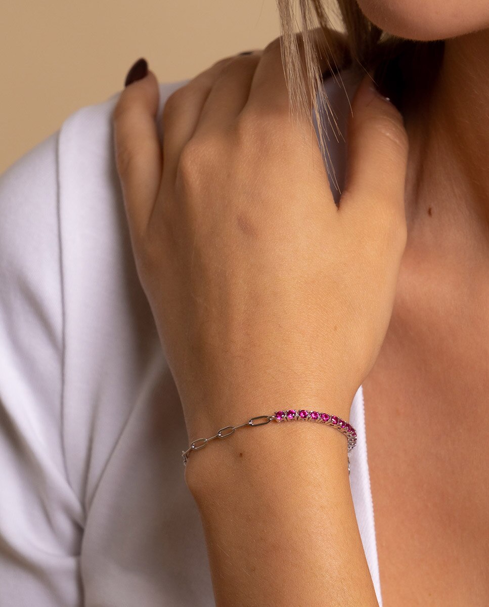 Pulsera Rubí duo eslabones de plata bañada en rodio - OKsilver - Rojo Rojo-2