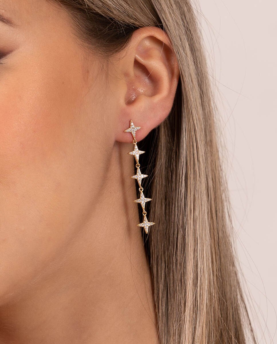 Pendientes largos estrellas de plata bañada en oro - OKsilver - Dorado Dorado-2