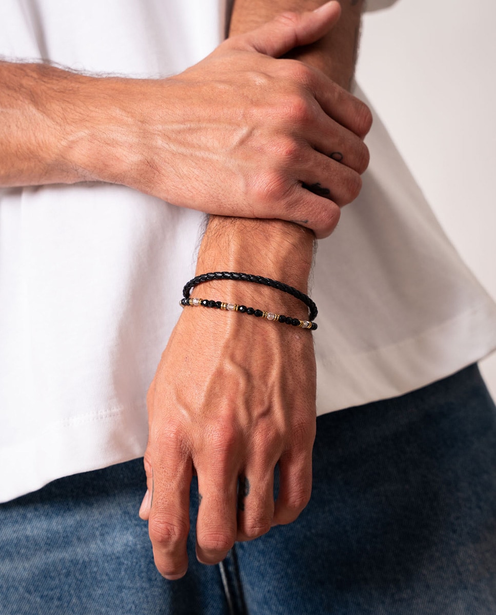 Pulsera de hombre Egipto en tiras de acero inoxidable y cuero