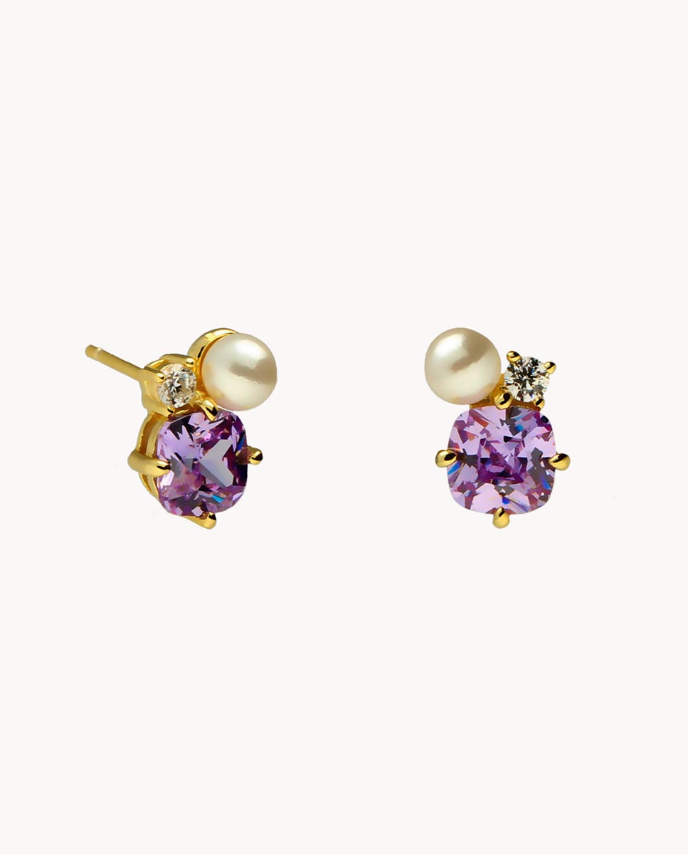 Pendientes Perla cultivada amatista tú y yo de plata de ley 925 bañada en oro - OKsilver - Multicolor Multicolor-1
