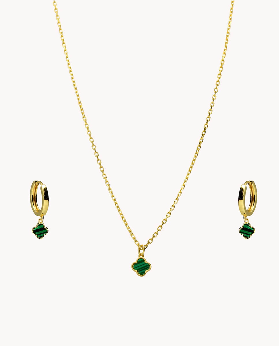 Imagen 0 de Set de pendientes y colgante Mini flor malaquita de plata de ley 925 bañada en oro Dorado