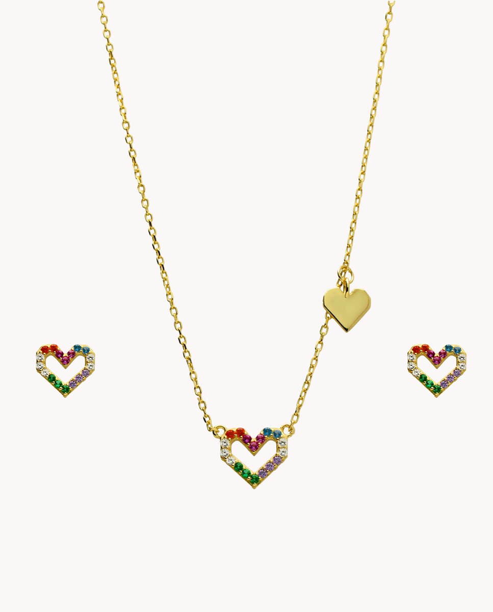Set de pendientes y collar Corazón colorín de plata de ley 925 bañada en oro Multicolor-1