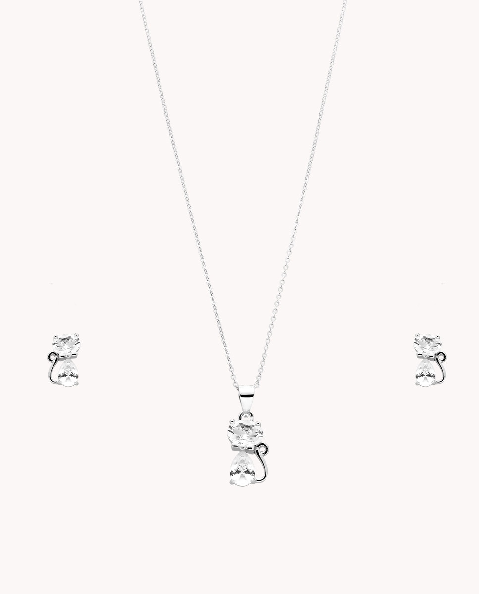 Set de pendientes y colgante gato de gala de plata de ley 925 bañada en rodio Plateado OKsilver Plateado-1