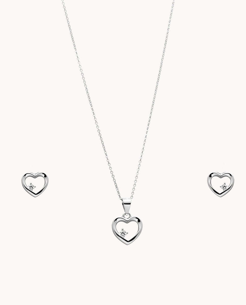 Imagen 0 de Set de pendientes y colgante corazón hueco brillo de plata de ley 925 bañada en rodio Plateado
