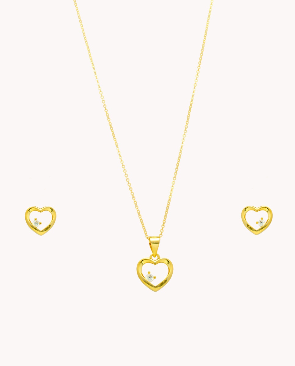 Imagen 0 de Set de pendientes y colgante corazón hueco brillo de plata de ley 925 bañada en oro Dorado