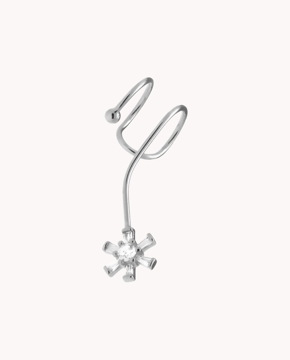 Pendiente individual ear cuff elástico flor de plata de ley 925 bañada en rodio - OKsilver - Plateado Plateado-1