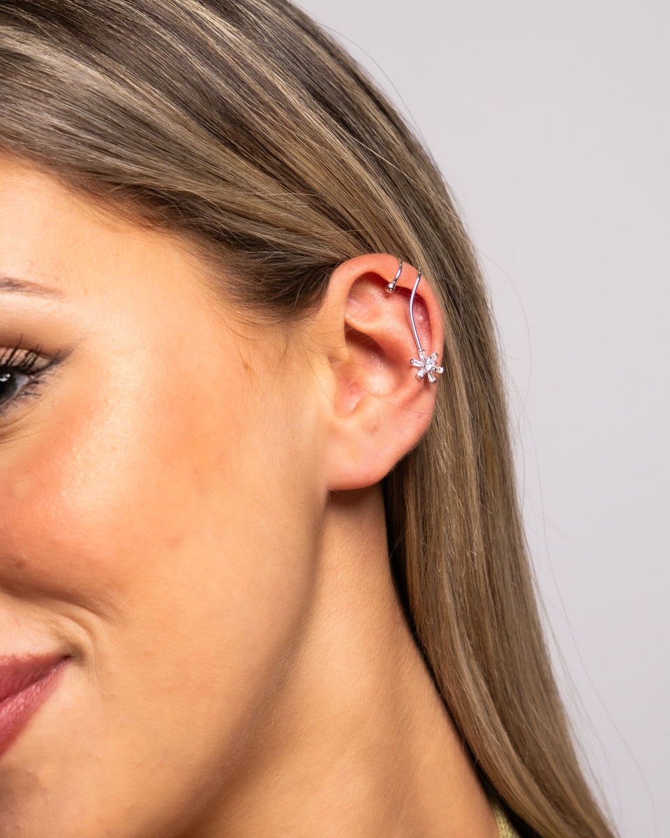 Pendiente individual ear cuff elástico flor de plata de ley 925 bañada en rodio - OKsilver - Plateado Plateado-2