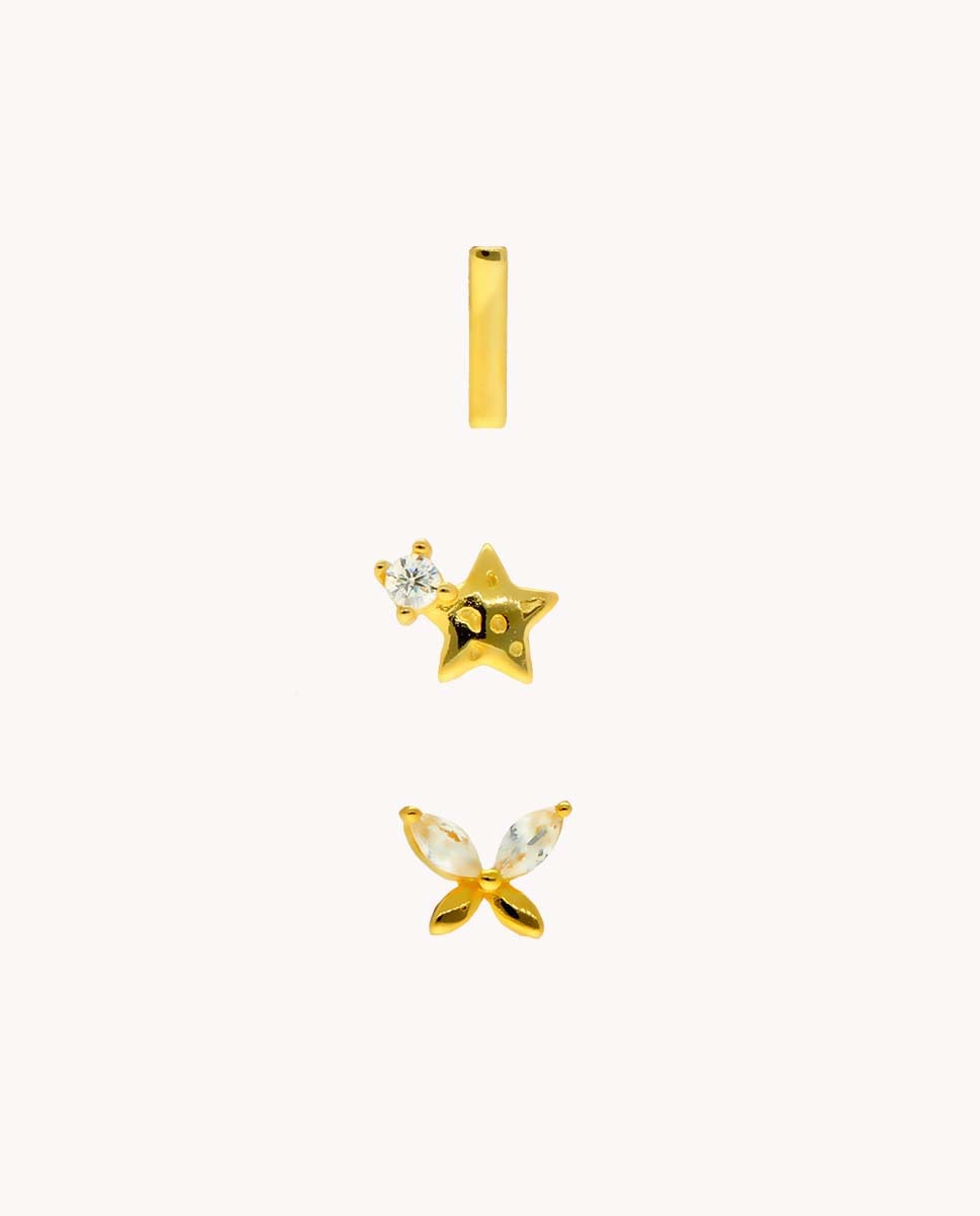 Imagen 0 de Set de tres pendientes mini desear de plata de ley 925 bañada en oro Dorado