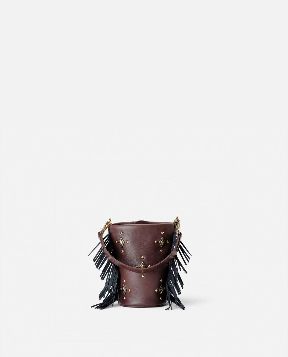 Bolso pequeño de piel con flecos en los laterales, tachuelas decorativas en el frente y doble asa ancha - Mercules - Marrón oscuro Marrón oscuro-1