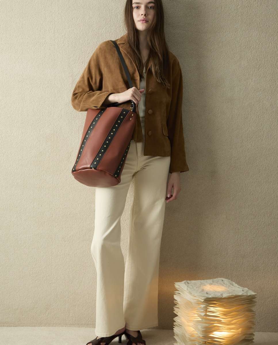 Bolso de hombro bucket twisted remaches de piel grande cubo - Mercules - Teja Teja-2