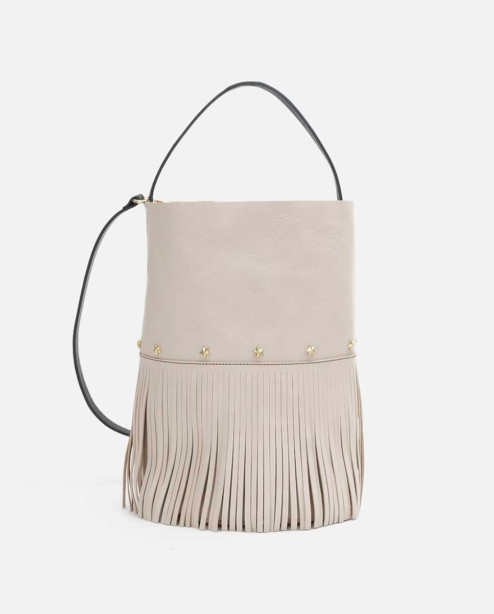 Imagen 0 de Bolso de hombro de piel bucket fringes  sin cierre Blanco