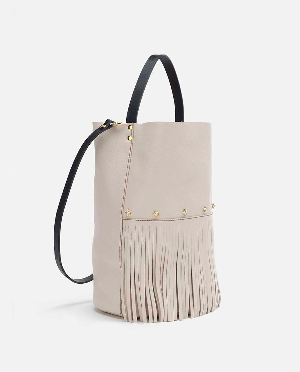 Bolso de hombro de piel bucket fringes sin cierre - Mercules - Blanco Blanco-4