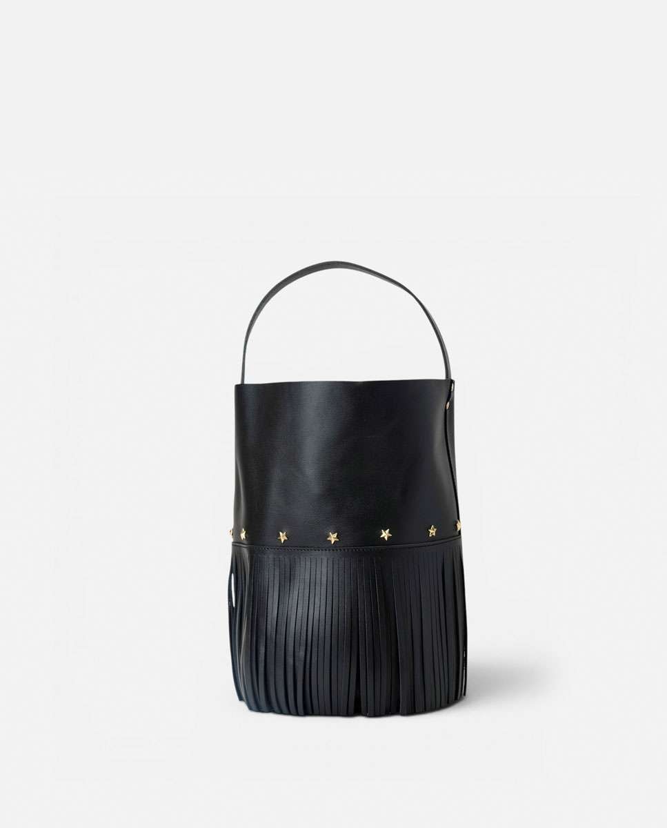 Bolso grande de piel estilo cubo con flecos un asa fija corta y una larga - Mercules - Negro Negro-1