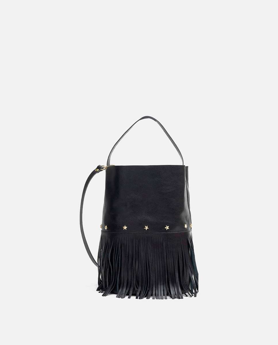 Bolso grande de piel estilo cubo con flecos un asa fija corta y una larga - Mercules - Negro Negro-5