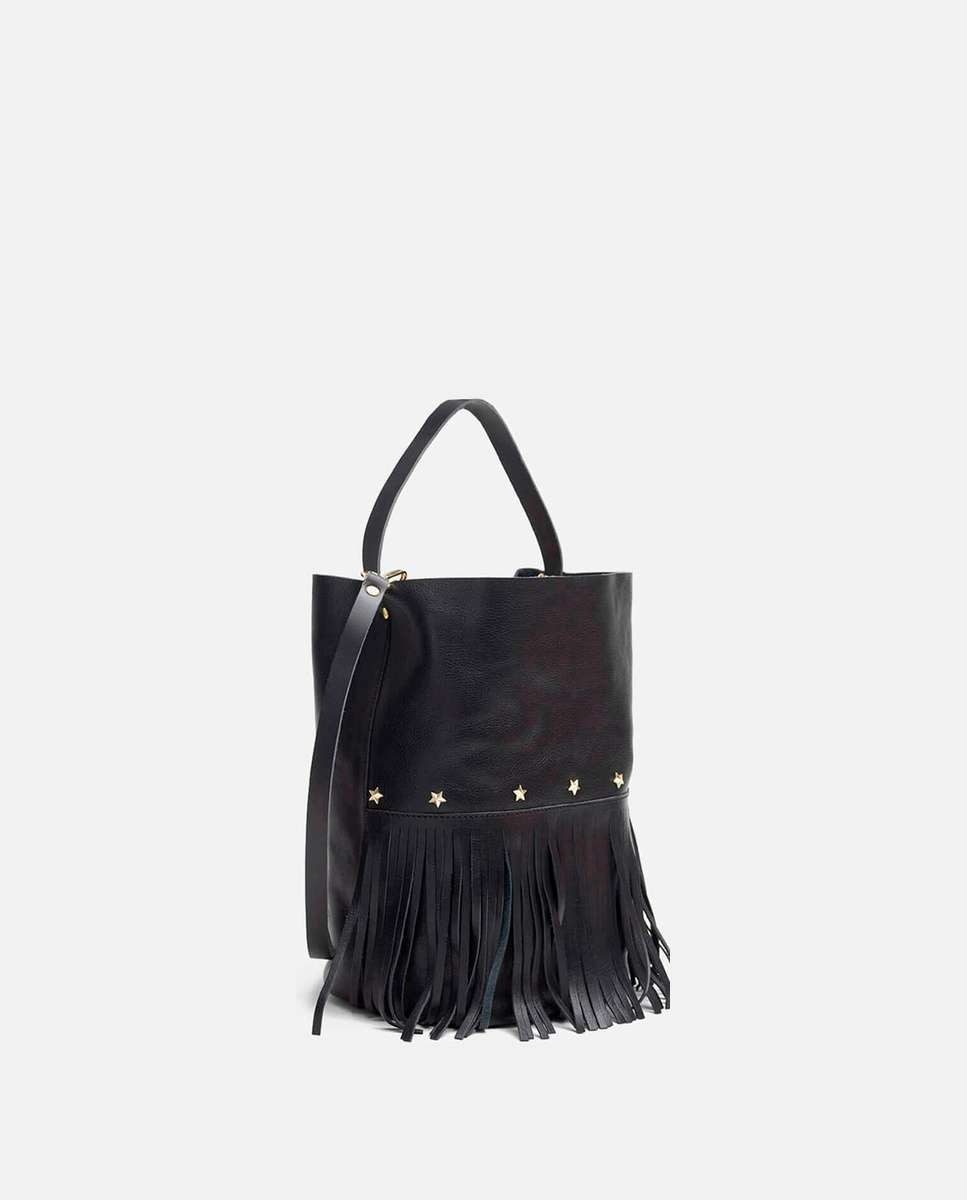 Bolso grande de piel estilo cubo con flecos un asa fija corta y una larga - Mercules - Negro Negro-4