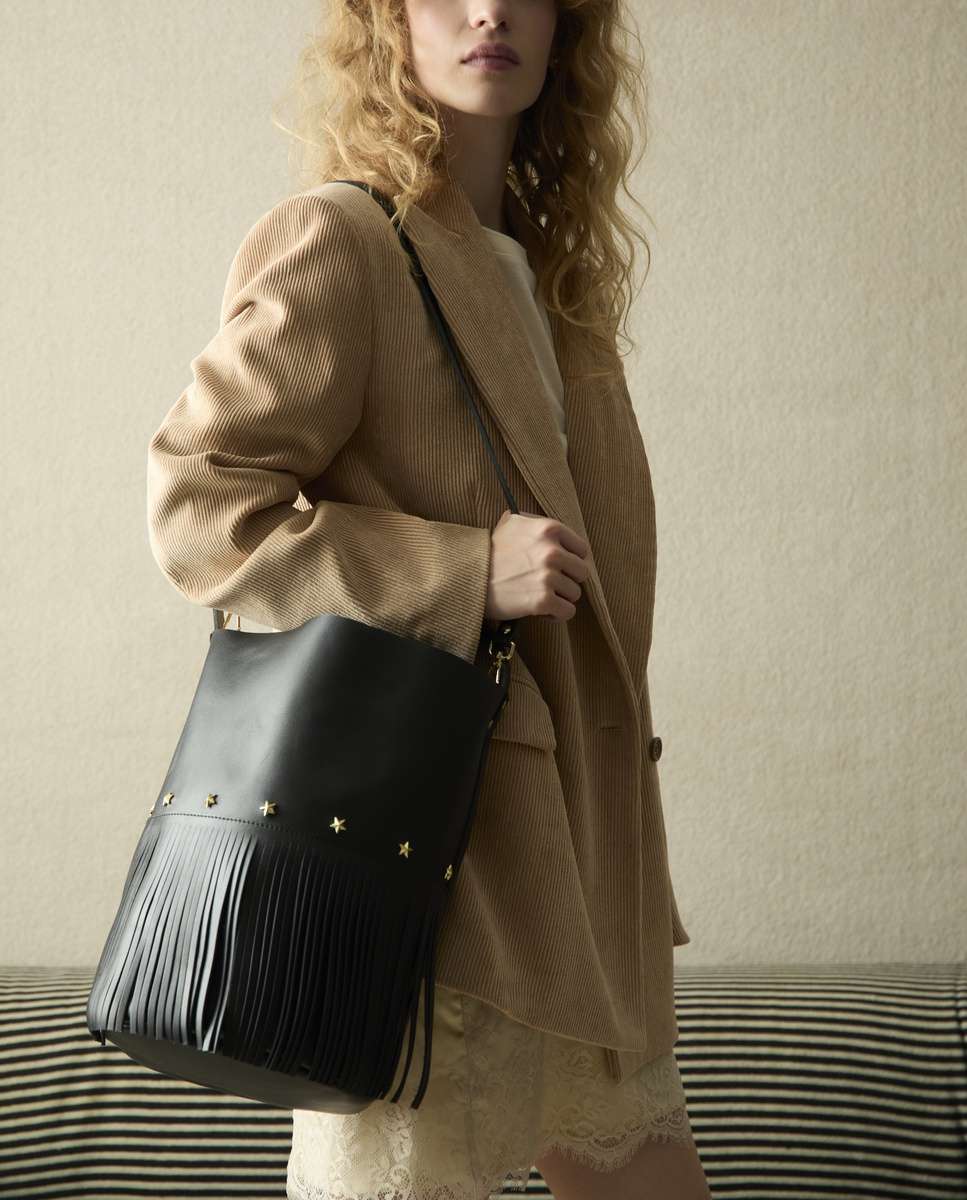 Bolso grande de piel estilo cubo con flecos un asa fija corta y una larga - Mercules - Negro Negro-2