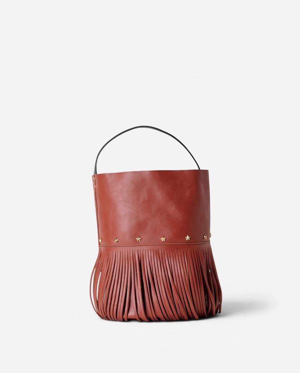 Bolso grande de piel estilo cubo con flecos un asa fija corta y una larga - Mercules - Teja Teja-1