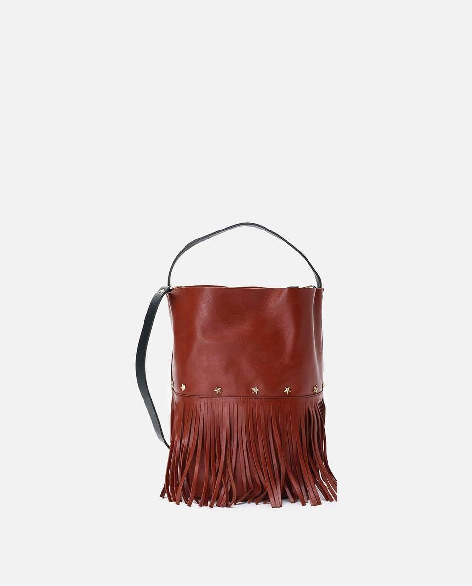 Bolso grande de piel estilo cubo con flecos un asa fija corta y una larga - Mercules - Teja Teja-4