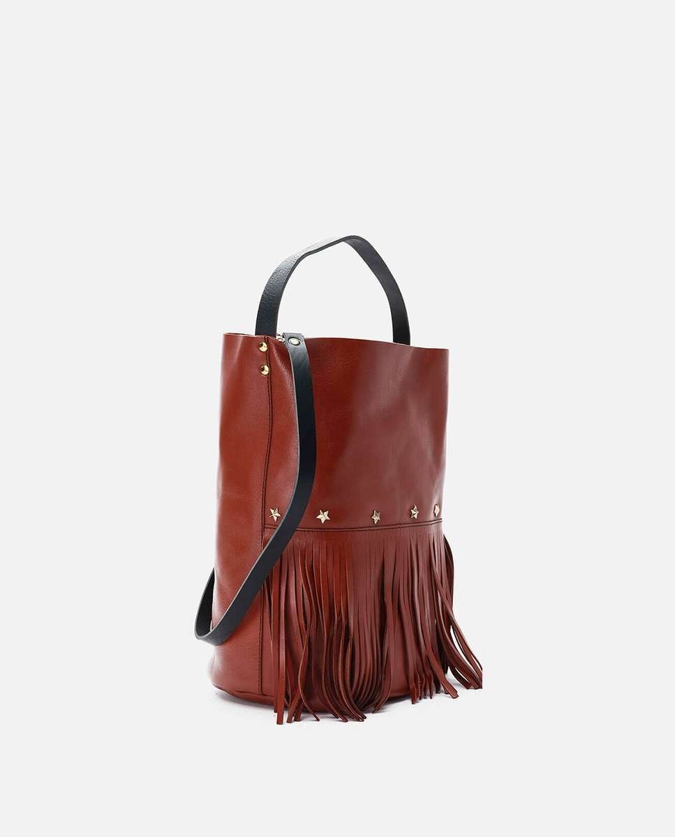 Bolso grande de piel estilo cubo con flecos un asa fija corta y una larga - Mercules - Teja Teja-3