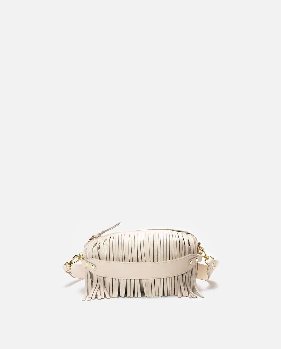Bolso mediano de piel con forma de globo y flecos decorativos - Mercules - Amarillo Hueso-4