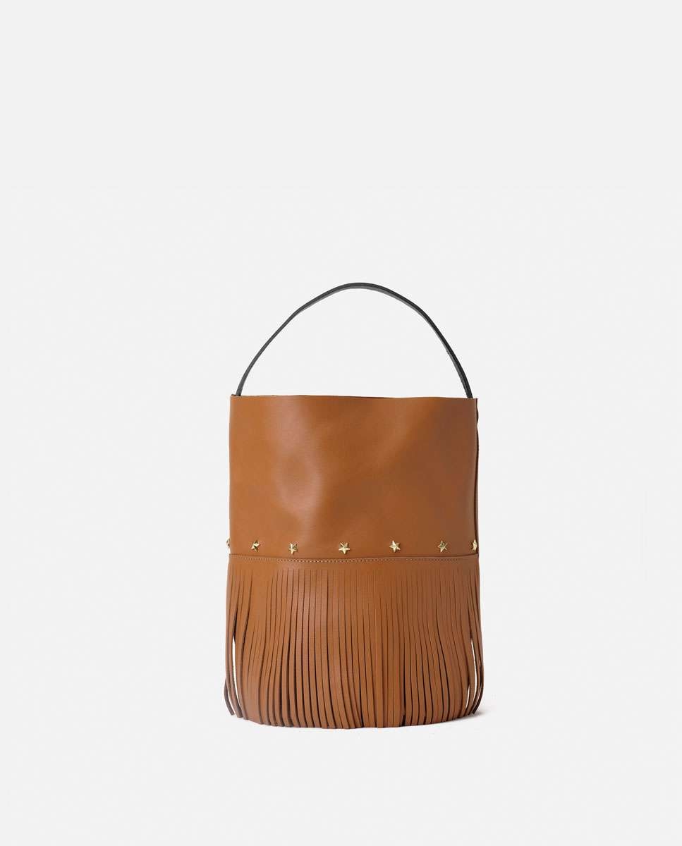 Bolso grande de piel estilo cubo con flecos un asa fija corta y una larga - Mercules - Camel Camel-1