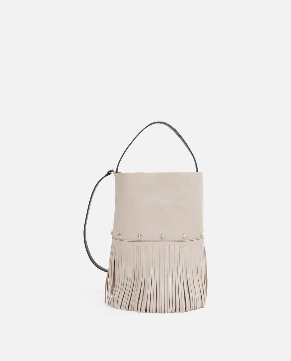 Bolso grande de piel estilo cubo con flecos un asa fija corta y una larga - Mercules - Camel Camel-3