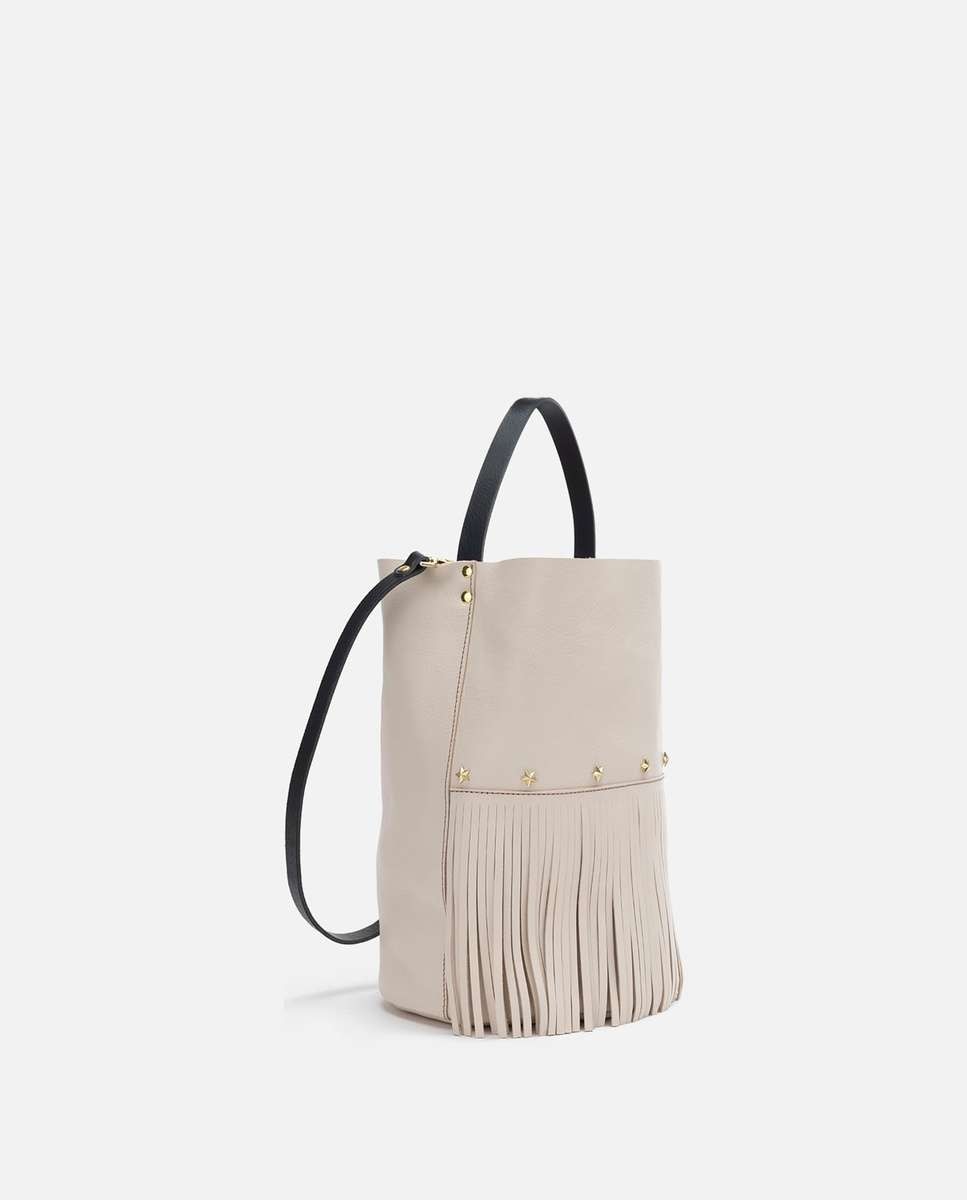 Bolso grande de piel estilo cubo con flecos un asa fija corta y una larga - Mercules - Camel Camel-2