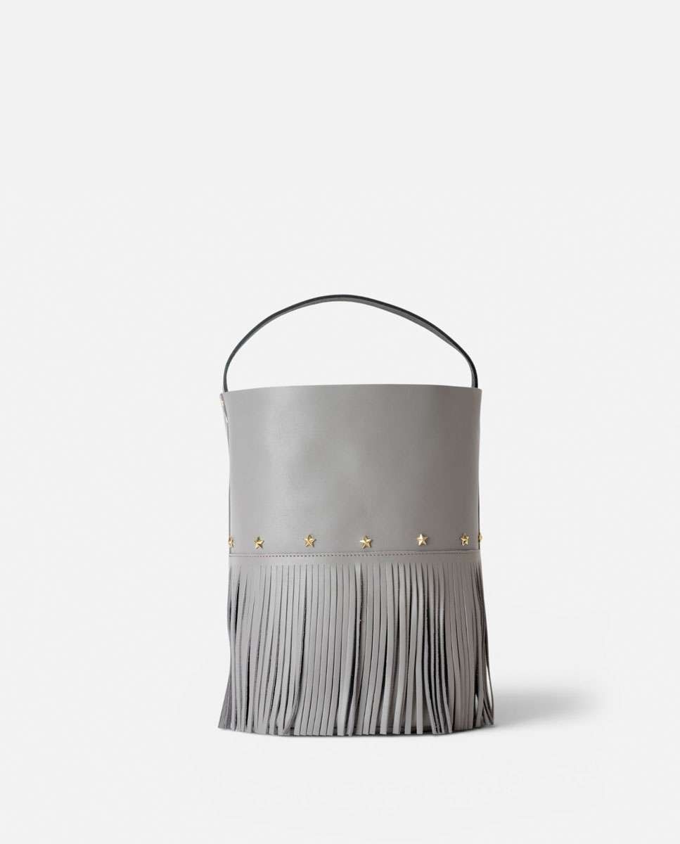 Bolso grande de piel estilo cubo con flecos un asa fija corta y una larga - Mercules - Gris Gris-1