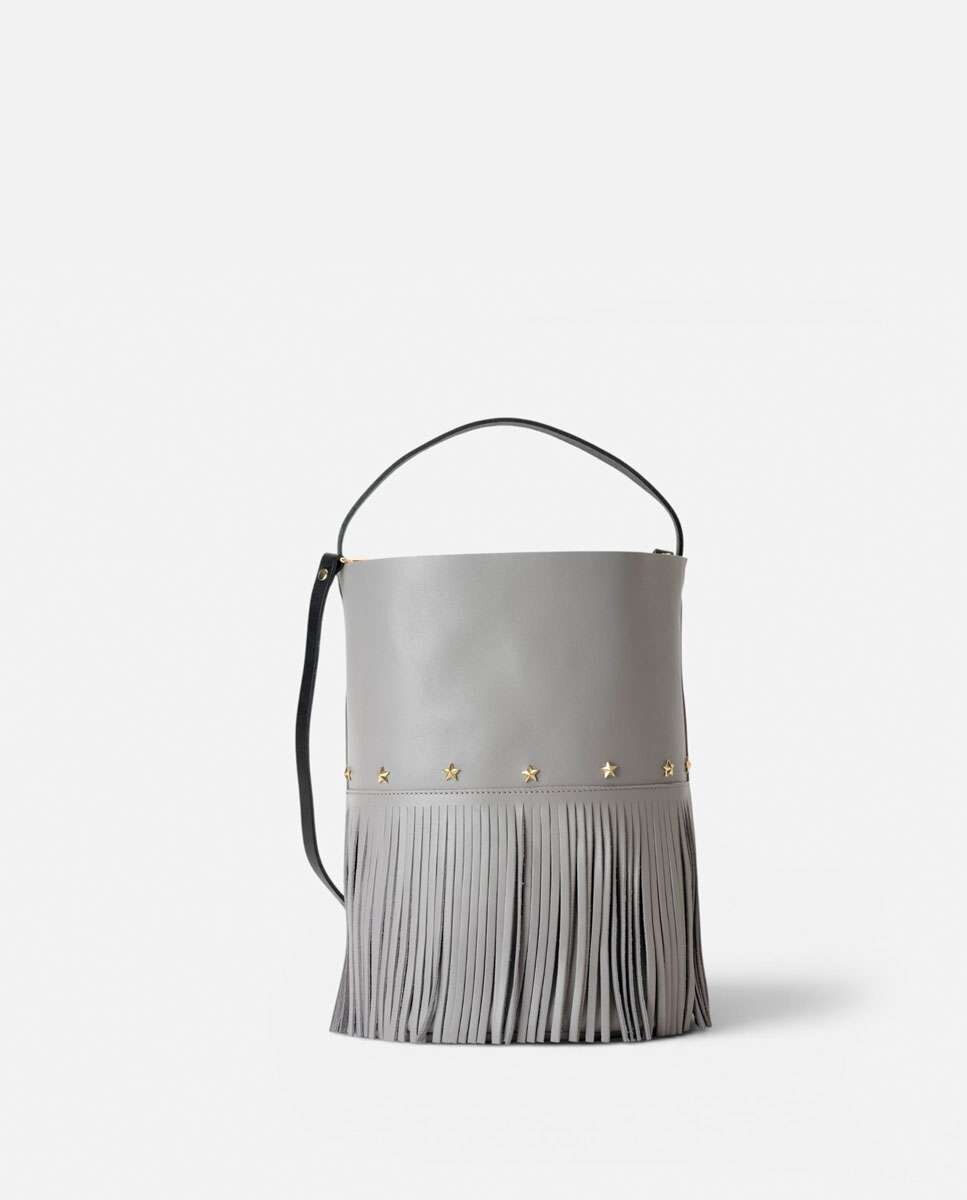 Bolso grande de piel estilo cubo con flecos un asa fija corta y una larga - Mercules - Gris Gris-4