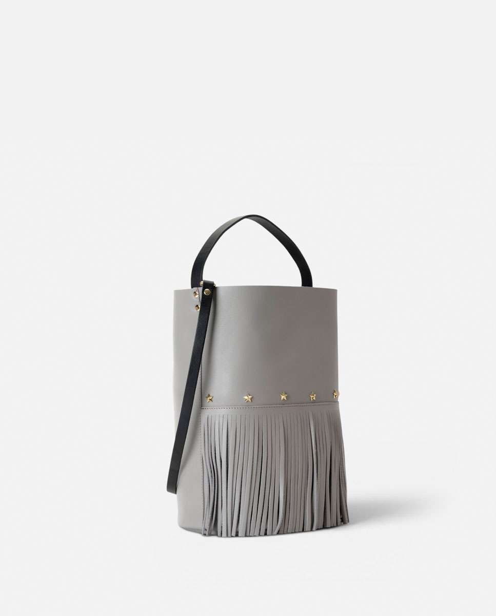 Bolso grande de piel estilo cubo con flecos un asa fija corta y una larga - Mercules - Gris Gris-3