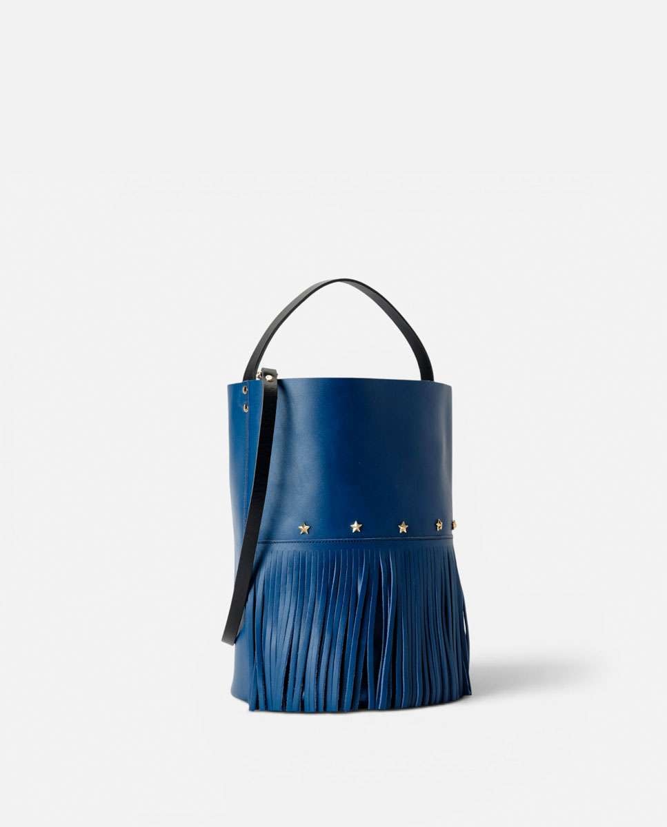 Bolso grande de piel estilo cubo con flecos un asa fija corta y una larga - Mercules - Navy Navy-3