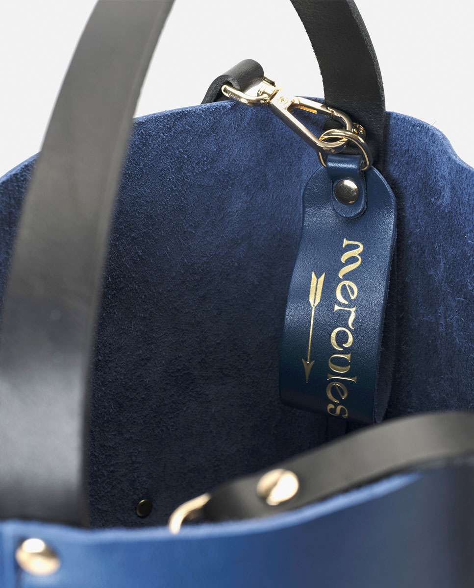 Bolso grande de piel estilo cubo con flecos un asa fija corta y una larga - Mercules - Navy Navy-5