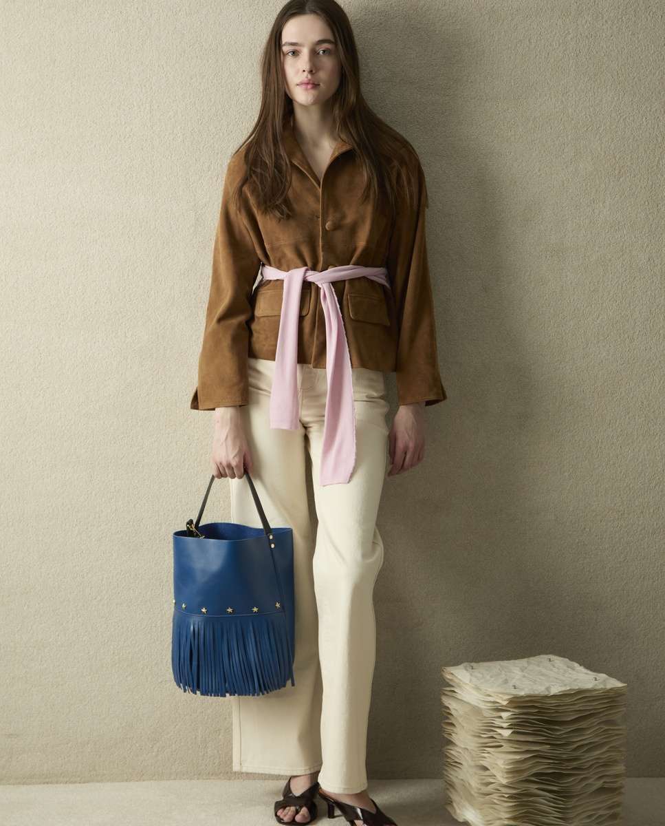 Bolso grande de piel estilo cubo con flecos un asa fija corta y una larga - Mercules - Navy Navy-2