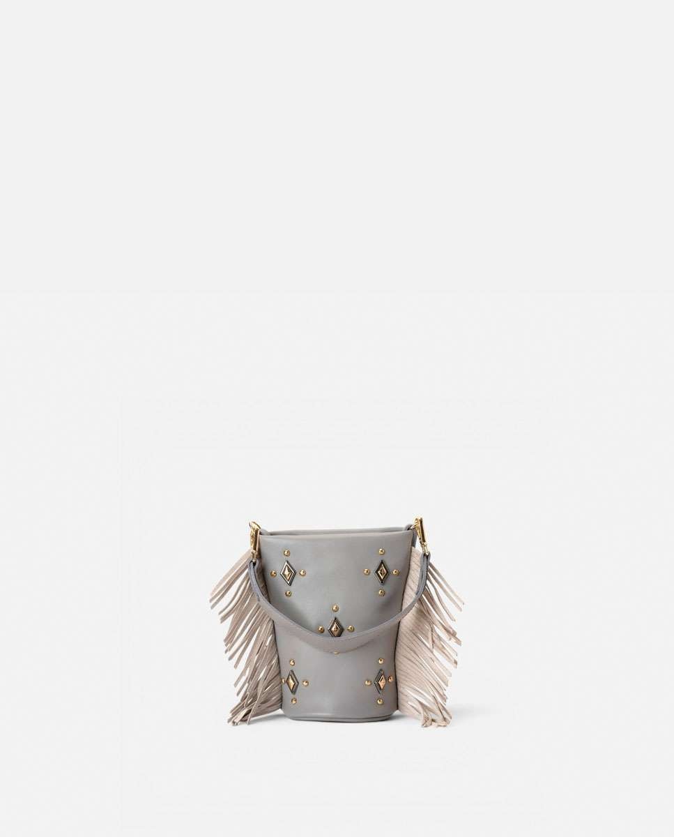 Bolso pequeño de piel con flecos en los laterales, tachuelas decorativas en el frente y doble asa ancha - Mercules - Gris Gris-1
