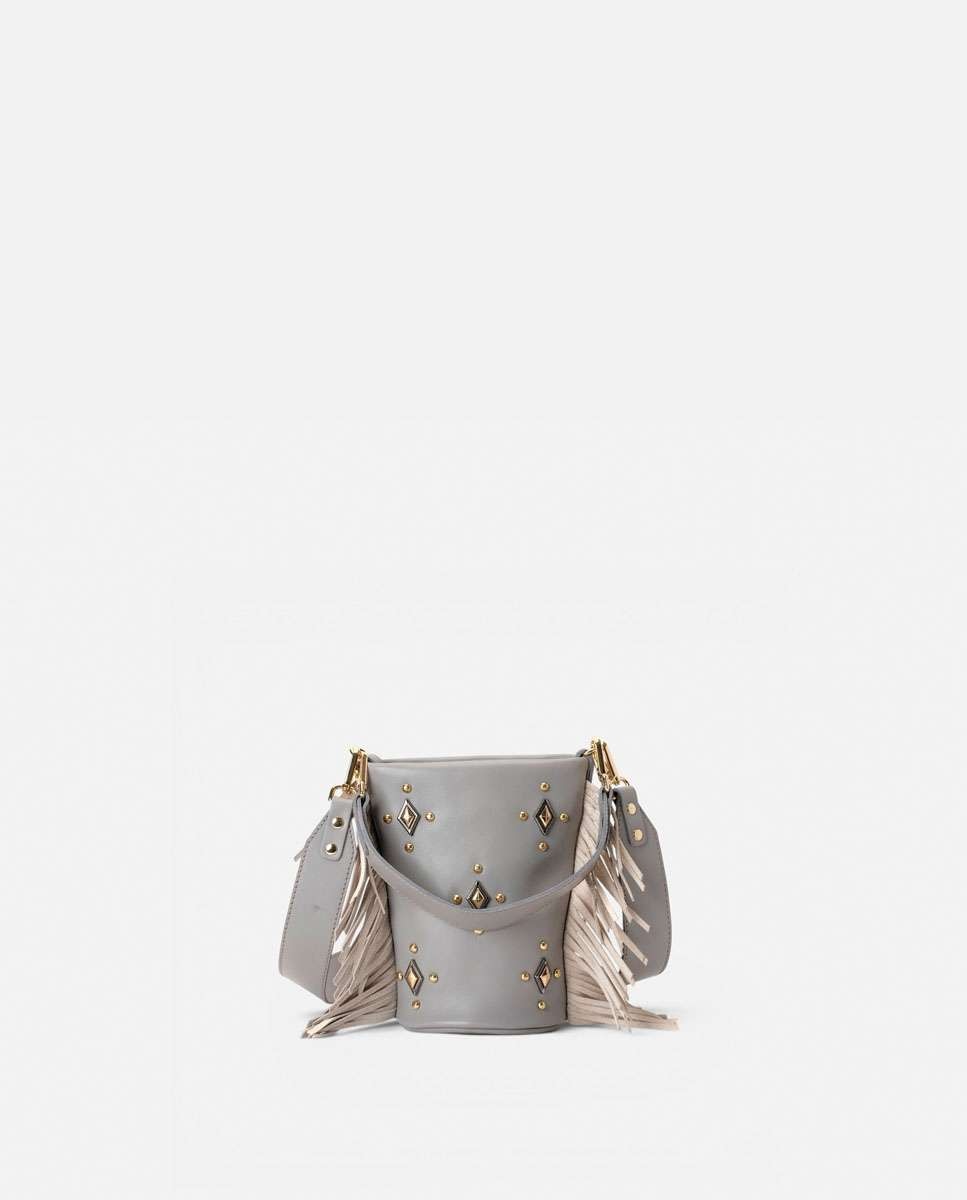 Bolso pequeño de piel con flecos en los laterales, tachuelas decorativas en el frente y doble asa ancha - Mercules - Gris Gris-3