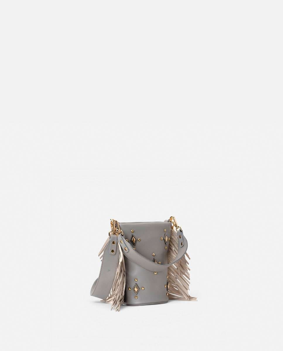 Bolso pequeño de piel con flecos en los laterales, tachuelas decorativas en el frente y doble asa ancha - Mercules - Gris Gris-2