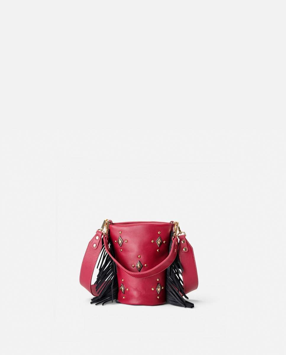 Bolso pequeño de piel con flecos en los laterales, tachuelas decorativas en el frente y doble asa ancha - Mercules - Rojo / Negro Rojo / Negro-3