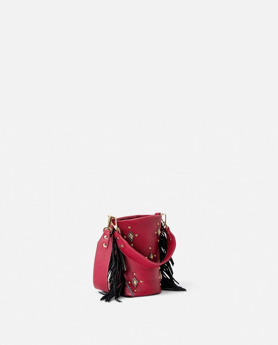 Bolso pequeño de piel con flecos en los laterales, tachuelas decorativas en el frente y doble asa ancha - Mercules - Rojo / Negro Rojo / Negro-2