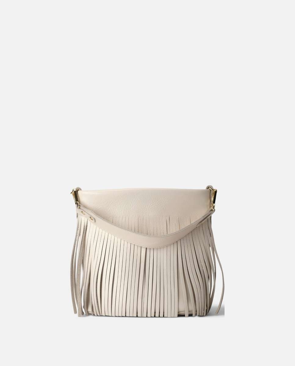 Bolso mediano de piel con flecos decorativos Doble asa ancha - Mercules - Hueso Hueso-1