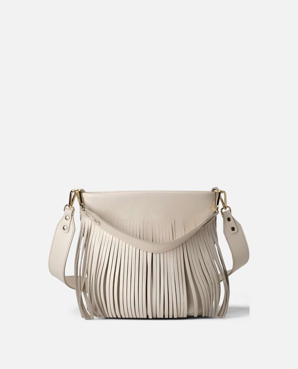 Bolso mediano de piel con flecos decorativos Doble asa ancha - Mercules - Hueso Hueso-4