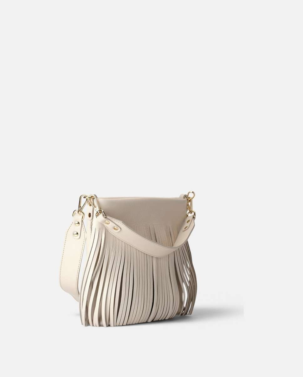 Bolso mediano de piel con flecos decorativos Doble asa ancha - Mercules - Hueso Hueso-3