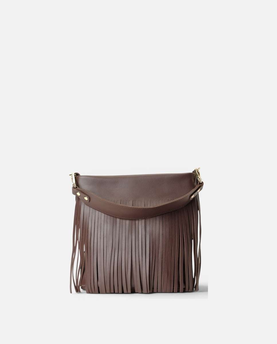 Bolso mediano de piel con flecos decorativos Doble asa ancha - Mercules - Marrón oscuro Marrón oscuro-1