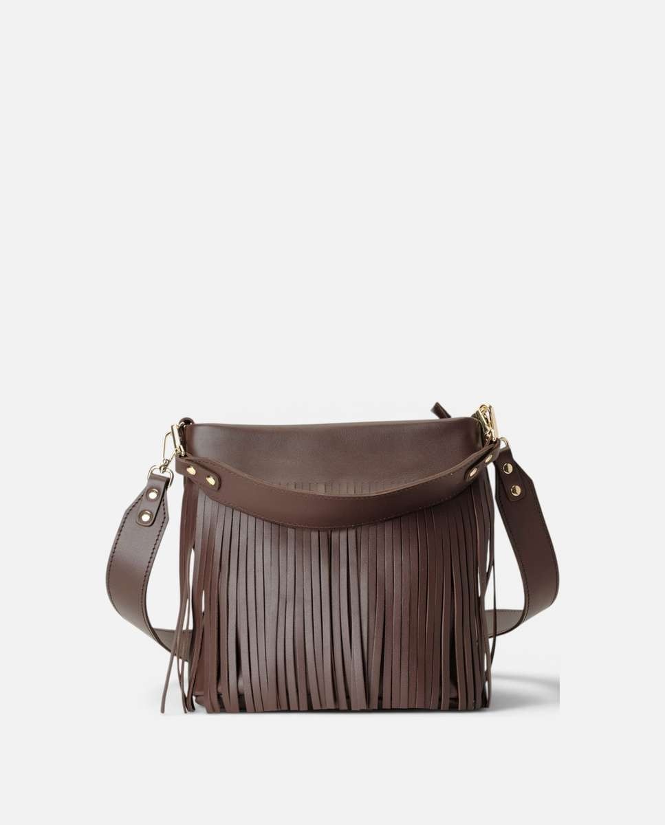 Bolso mediano de piel con flecos decorativos Doble asa ancha - Mercules - Marrón oscuro Marrón oscuro-3