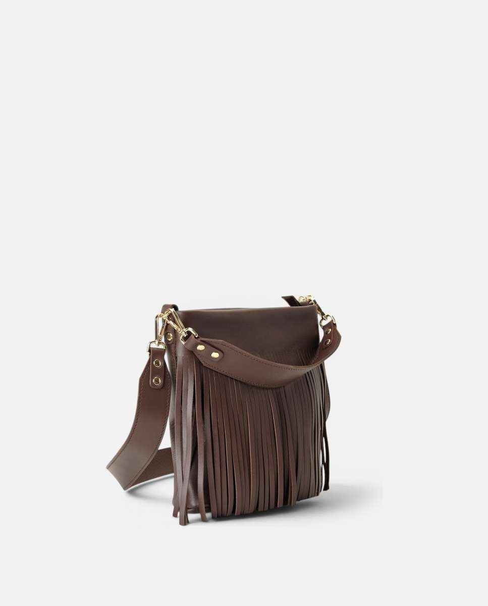 Bolso mediano de piel con flecos decorativos Doble asa ancha - Mercules - Marrón oscuro Marrón oscuro-2