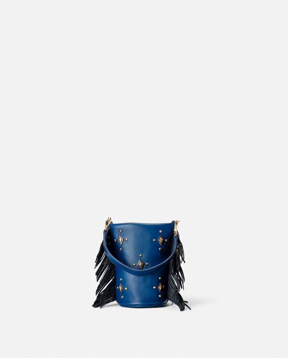 Bolso pequeño de piel con flecos en los laterales, tachuelas decorativas en el frente y doble asa ancha - Mercules - Navy Navy-1