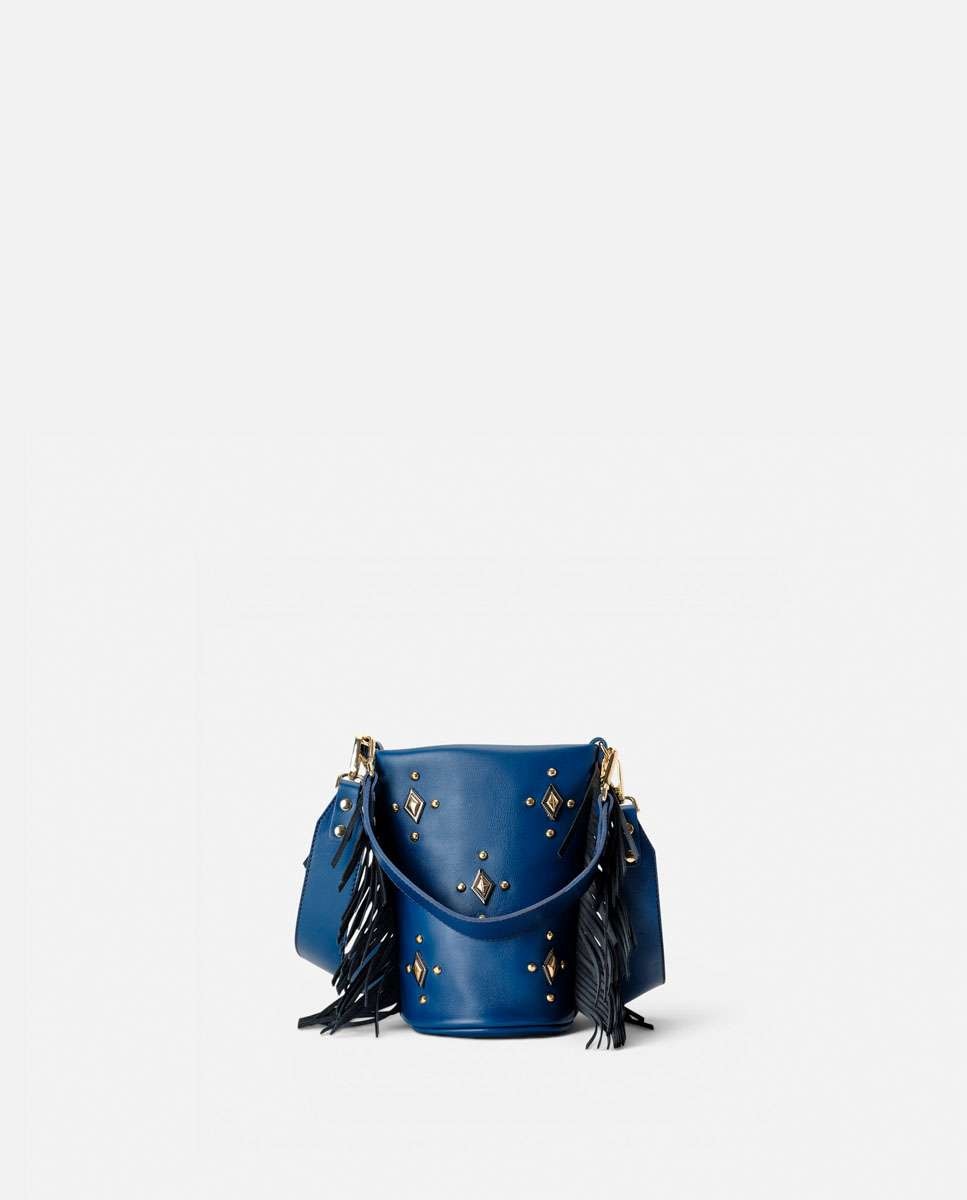 Bolso pequeño de piel con flecos en los laterales, tachuelas decorativas en el frente y doble asa ancha - Mercules - Navy Navy-3