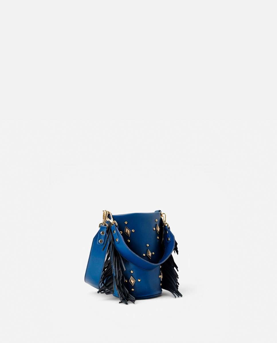 Bolso pequeño de piel con flecos en los laterales, tachuelas decorativas en el frente y doble asa ancha - Mercules - Navy Navy-2